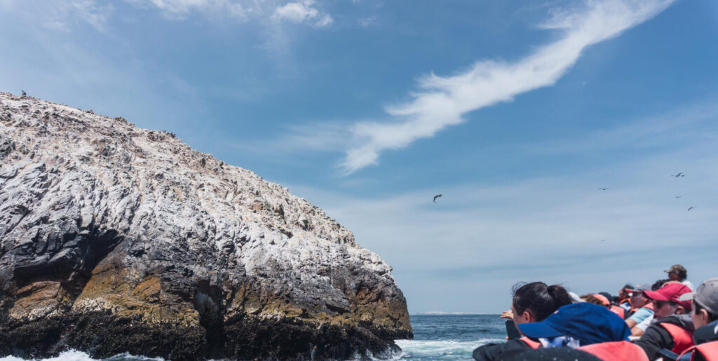 Turistas disfrutando del paseo en bote por las Islas Ballestas en la Reserva Nacional de Paracas