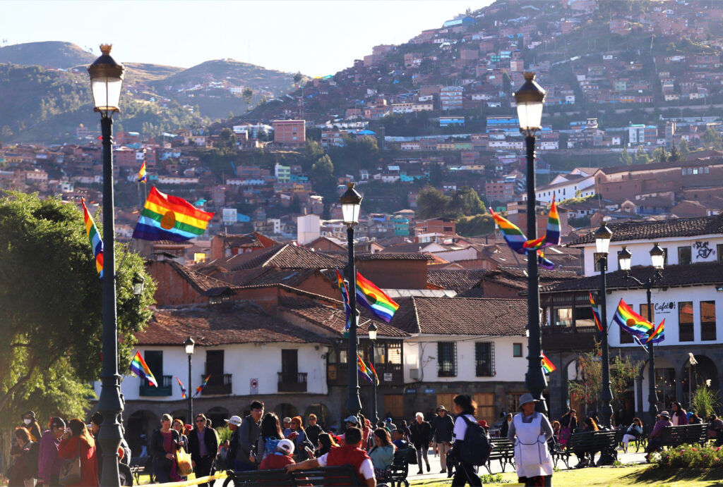 Cusco flags on the streetlights in Cusco's parade ground