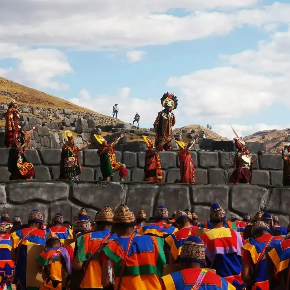 Artists reenacting the Inti Raymi festival in the Sacsayhuamán archaeological park