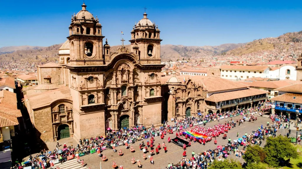 Aerial view of the festivities in Cusco's Plaza de Armas