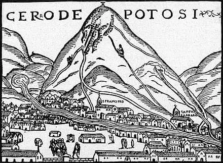 Graphic representation of Cerro Potosí, where the Mita, the mandatory labor imposed by the Inca state, was carried out