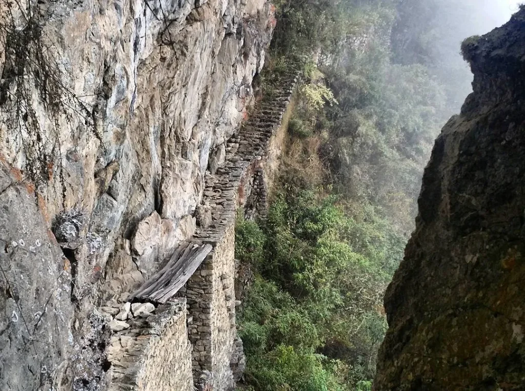 The Inca Bridge, made of wooden logs