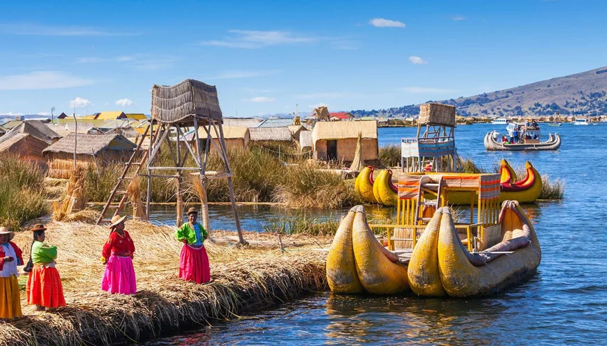 Floating Uros Islands made of totora on Lake Titicaca