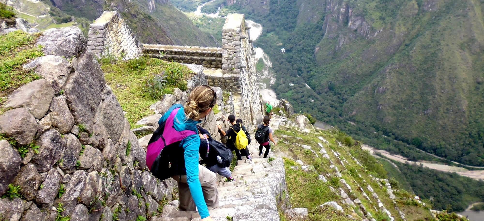 huaynapicchu Steep trail of Huayna Picchu overlooking the Urubamba River