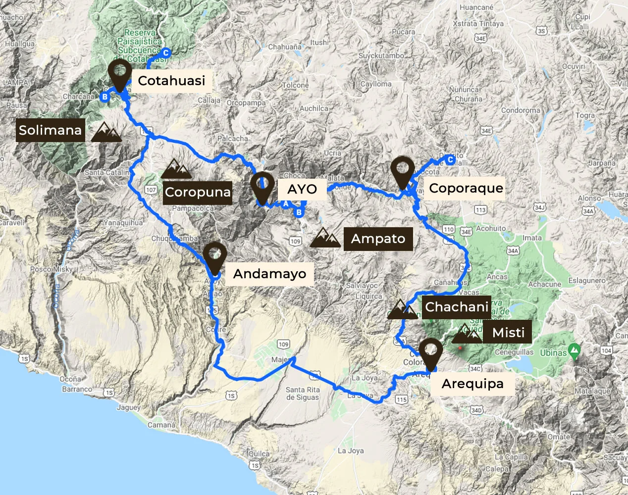 Mapa simple rutas hacia el Canon de Cotahuasi Simple map of routes to Cotahuasi Canyon