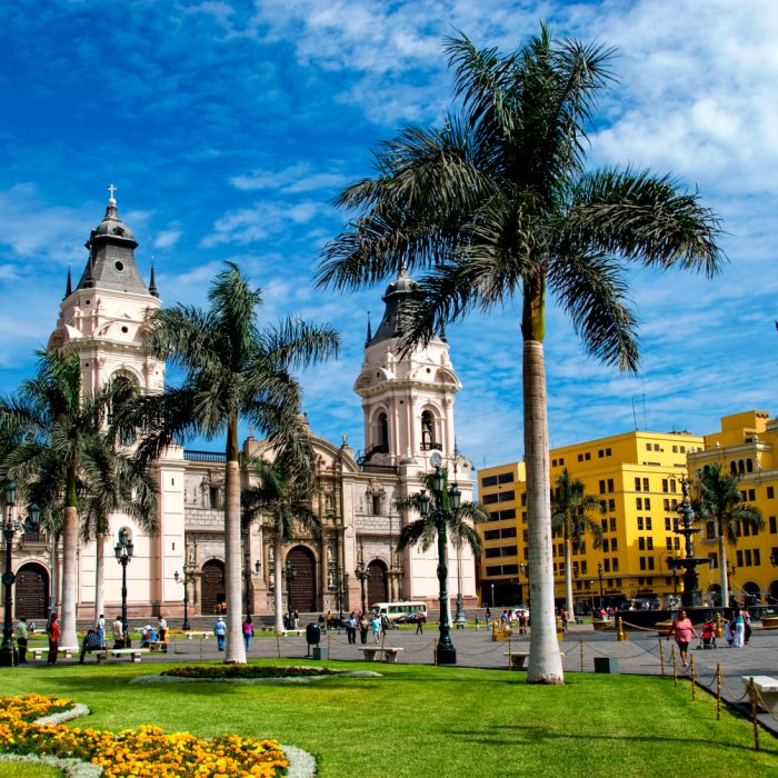 View over the Plaza Mayor or Plaza de Armas in the historic and Spanish colonial city center of Lima, Peru.